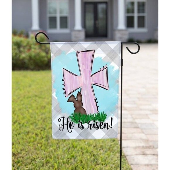 Easter Garden Flag With Cross & Bunny - "He Is Risen!" - Outdoor Decor Double Si - Picture 1 of 2